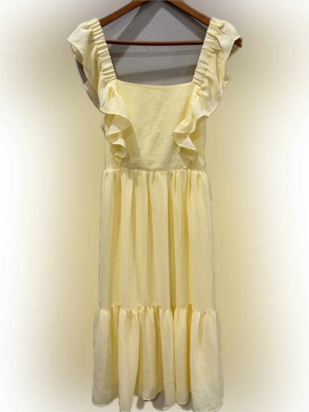 BCBGeneration Yellow Striped Ruffle‎ Tie Back Midi Dress XS Cottagecore Summer